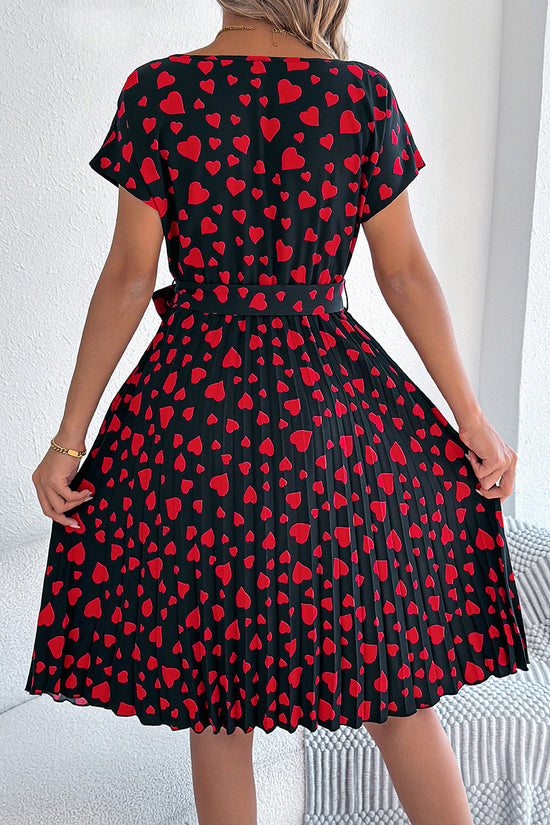 Heart Print Belted Casual Dress
