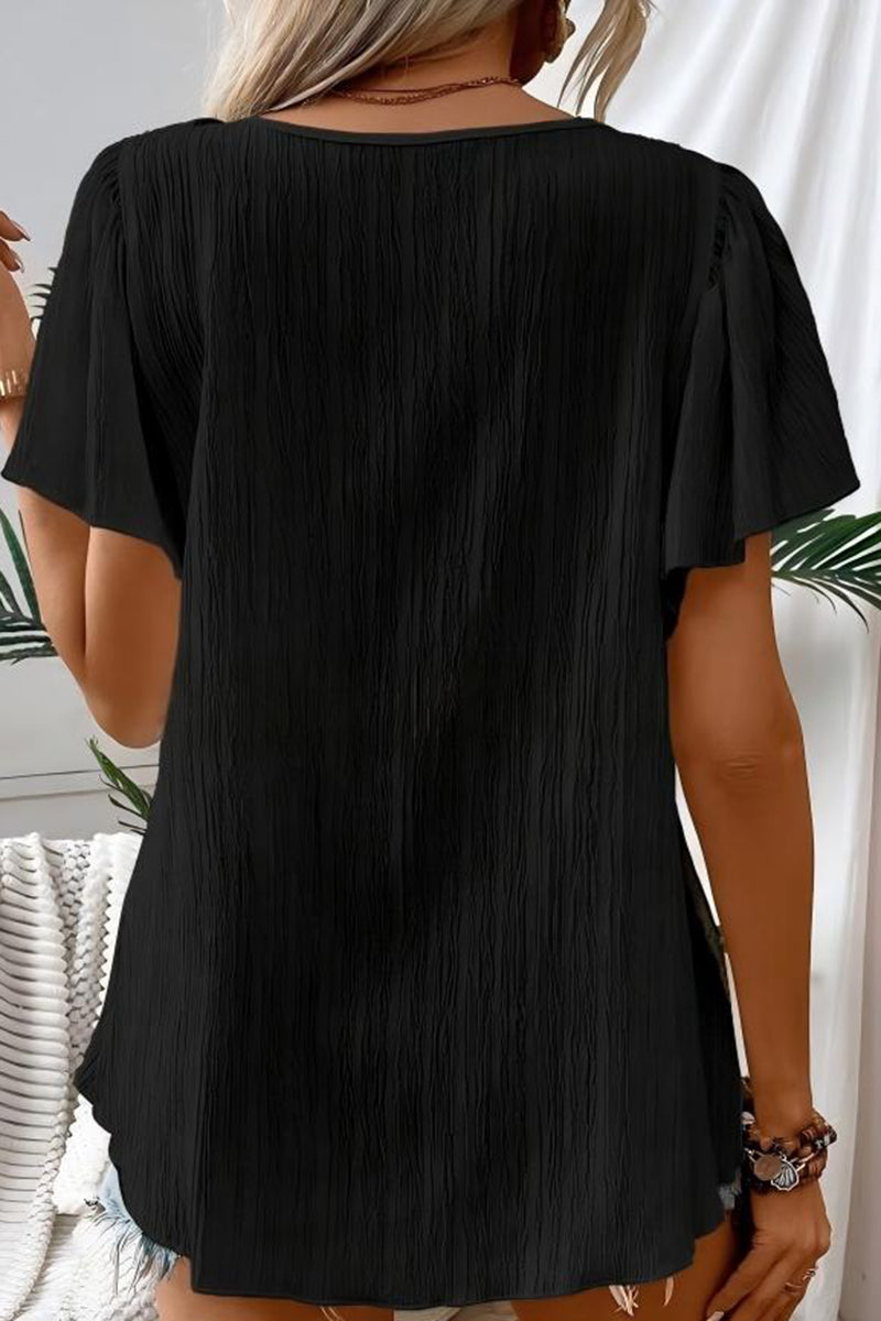 Square Neck Boho Crochet Short Sleeve Top