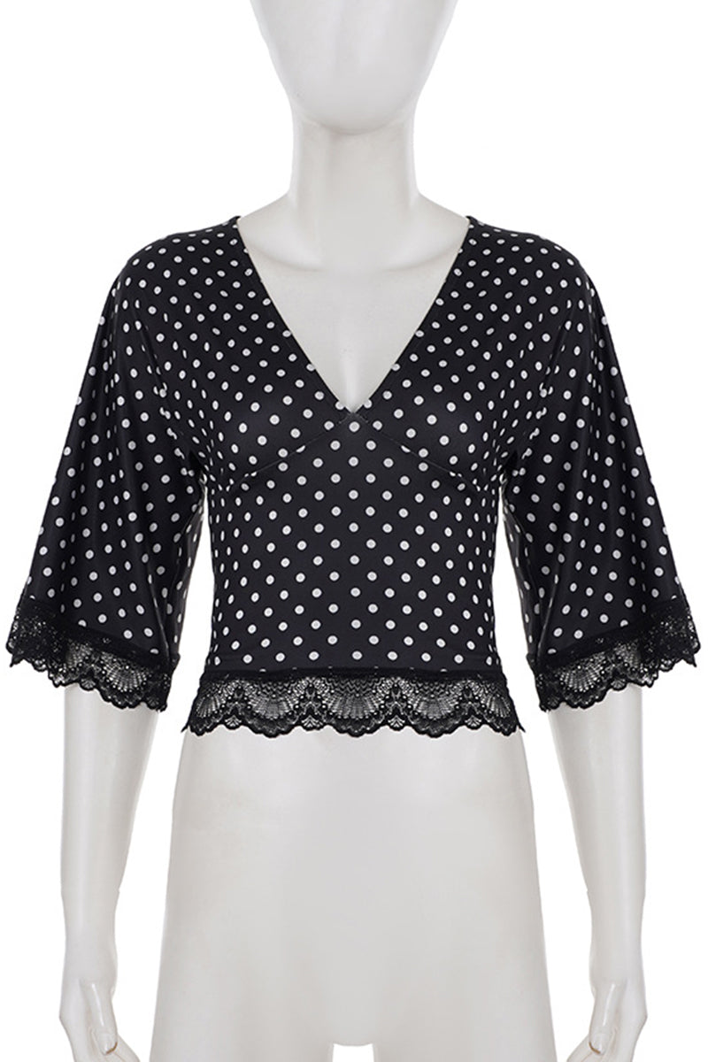 Polka Dot Lace V-Neck Top