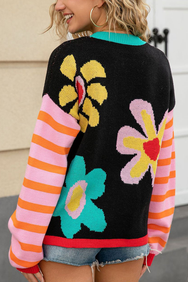 Floral Patterned Crew Neck Sweater