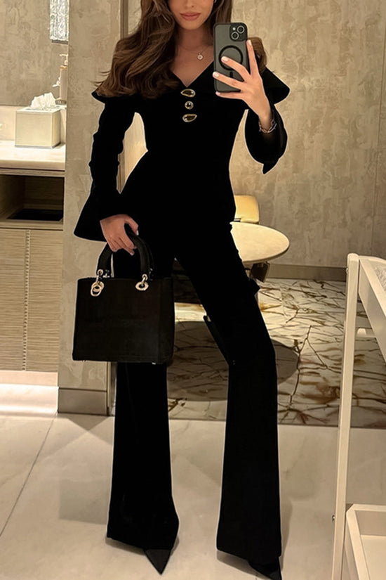 Elegant Bell Sleeve Buttoned Pants Set