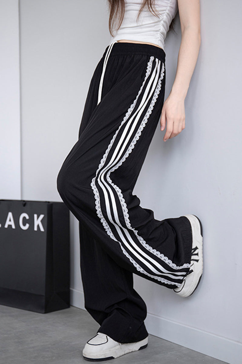 Striped Lace Trim Casual Pants
