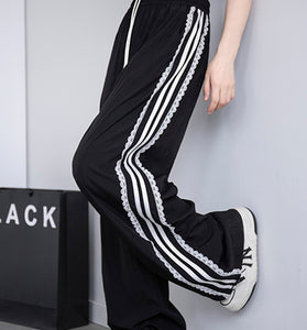 Striped Lace Trim Casual Pants