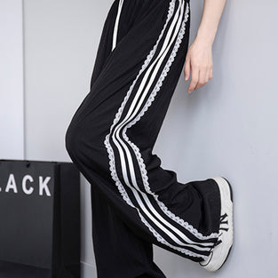 Striped Lace Trim Casual Pants