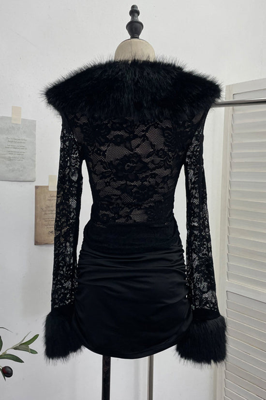 Elegant Fur Collar Lace Skirt Set