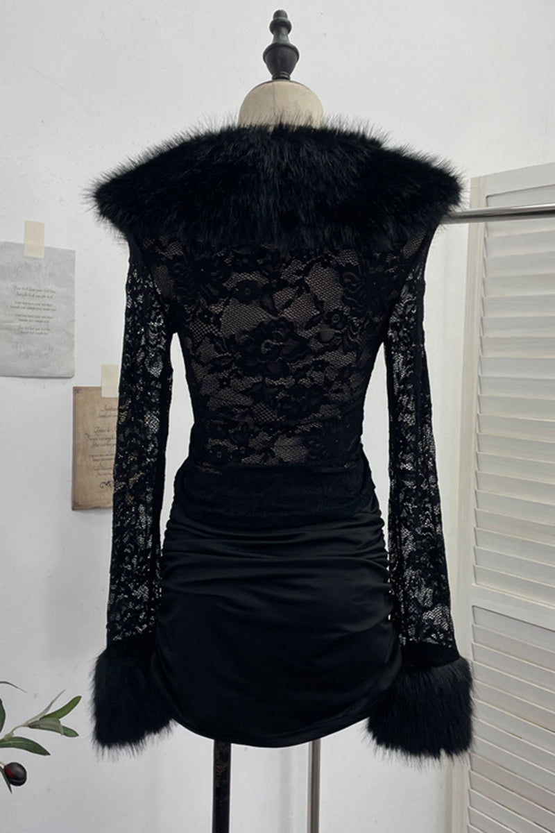 Elegant Fur Collar Lace Skirt Set