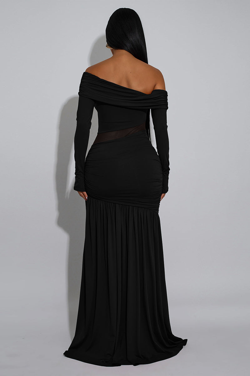 Off-Shoulder Mesh Cutout Maxi Dress