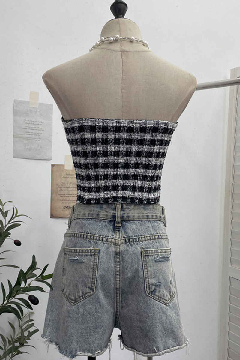 Buttoned Off-Shoulder Plaid Tank Top