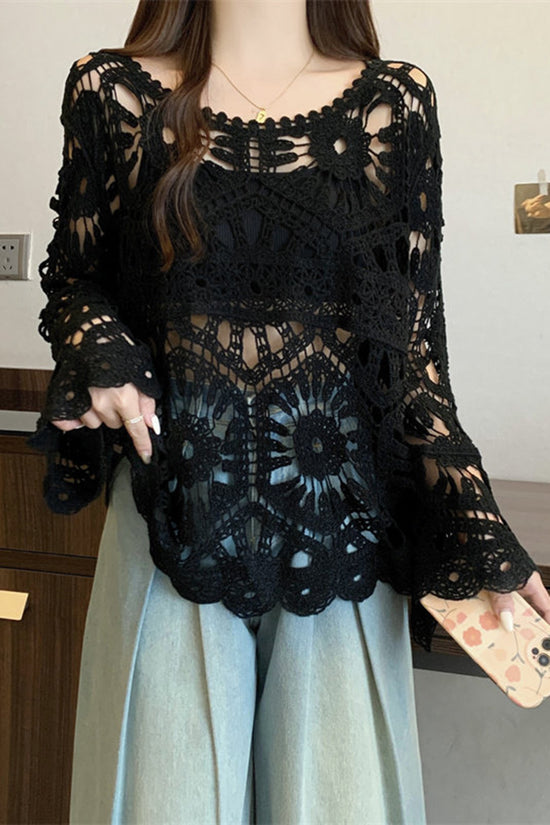 Crochet Hollow Bell Sleeve Knit Cover Up