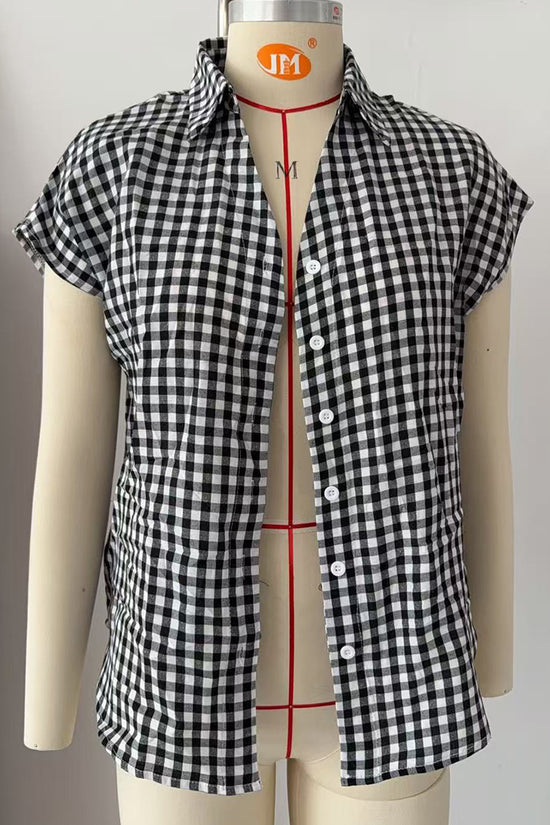 Checkered Tie-Front Short Sleeve Blouse