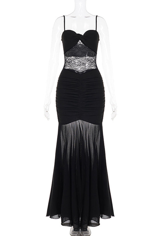 Ruched Lace Paneled Spaghetti Strap Dress