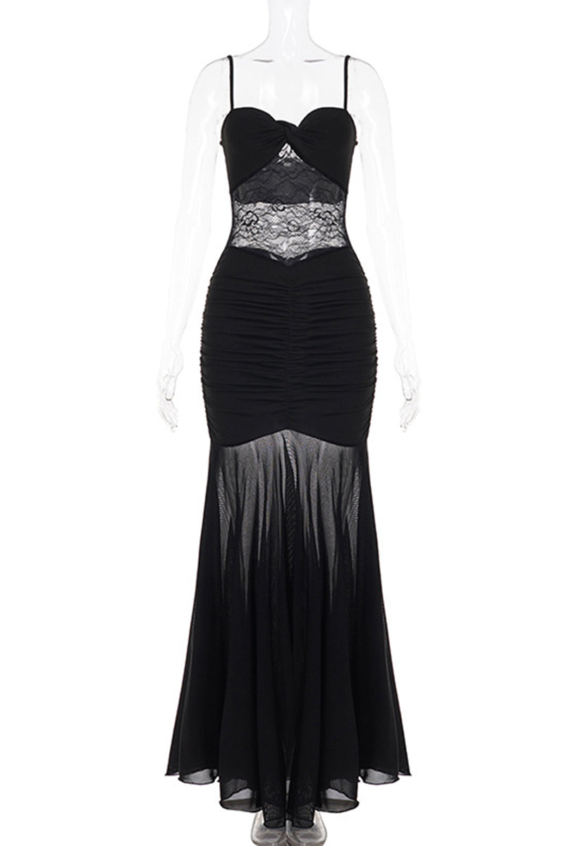 Ruched Lace Paneled Spaghetti Strap Dress