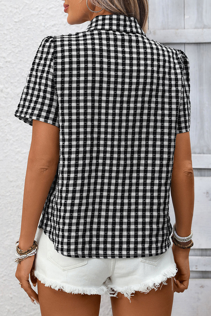 Checkered Short Sleeve Button-Up Blouse