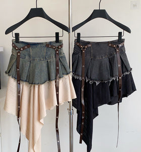 Asymmetric Fringe Mini Skirt with Straps
