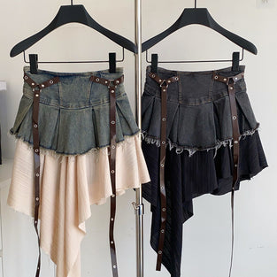 Asymmetric Fringe Mini Skirt with Straps