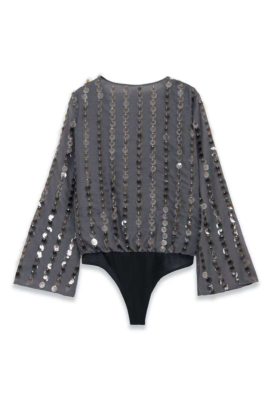 Sequin Detail V-Neck Bodysuit
