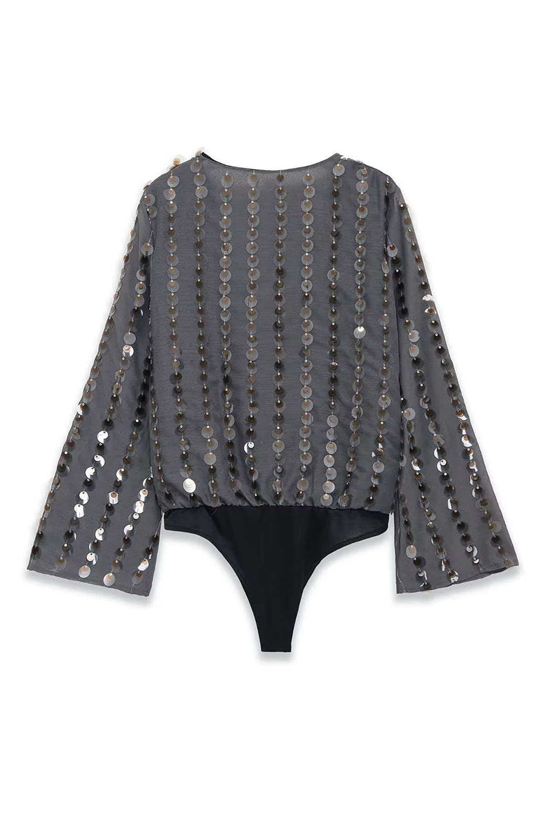Sequin Detail V-Neck Bodysuit