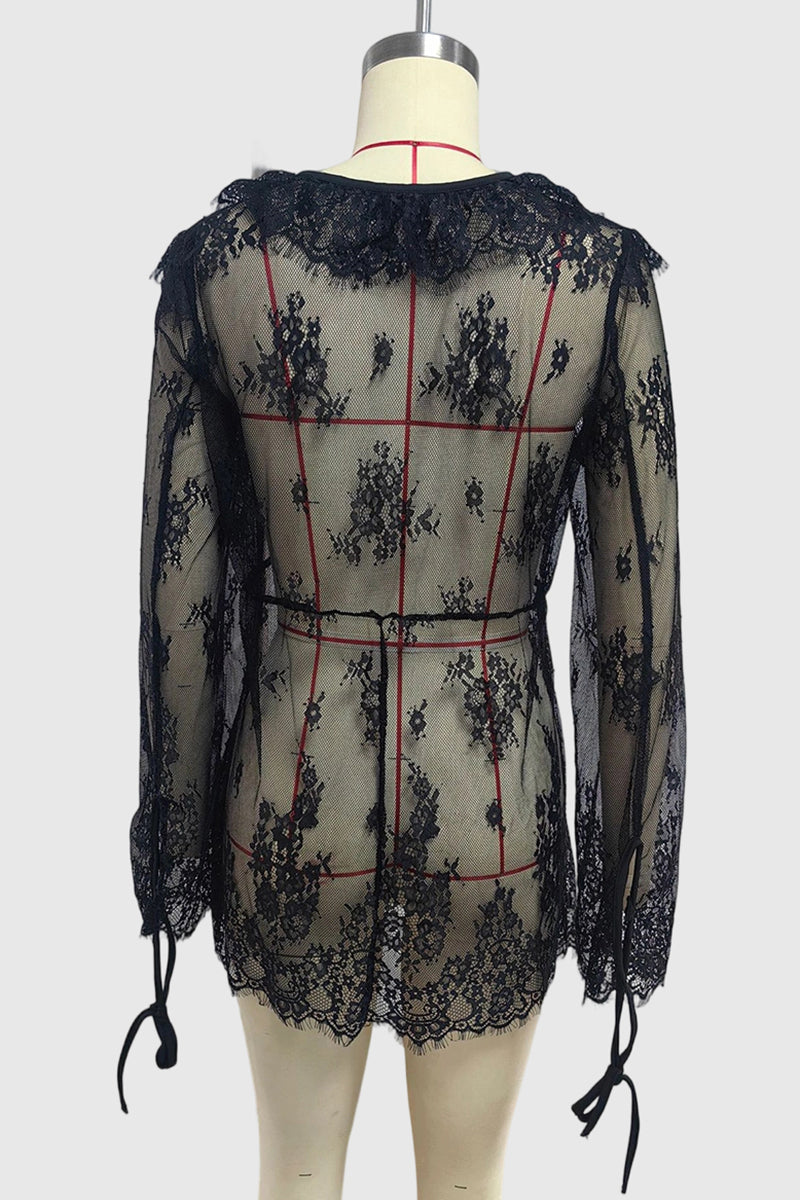 Sheer Lace Tie-Front Blouse