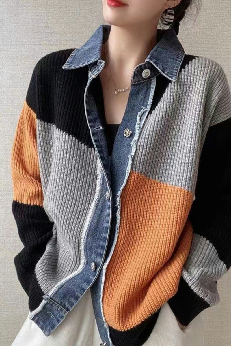 Color Block Denim Trim Cardigan