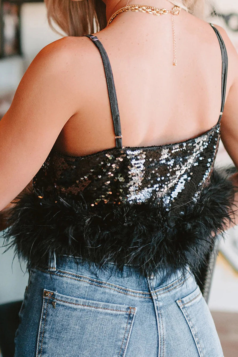 Sparkling Sequin Feather Trim Tank