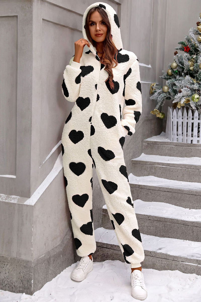 Cozy Heart Pattern Hooded Jumpsuit