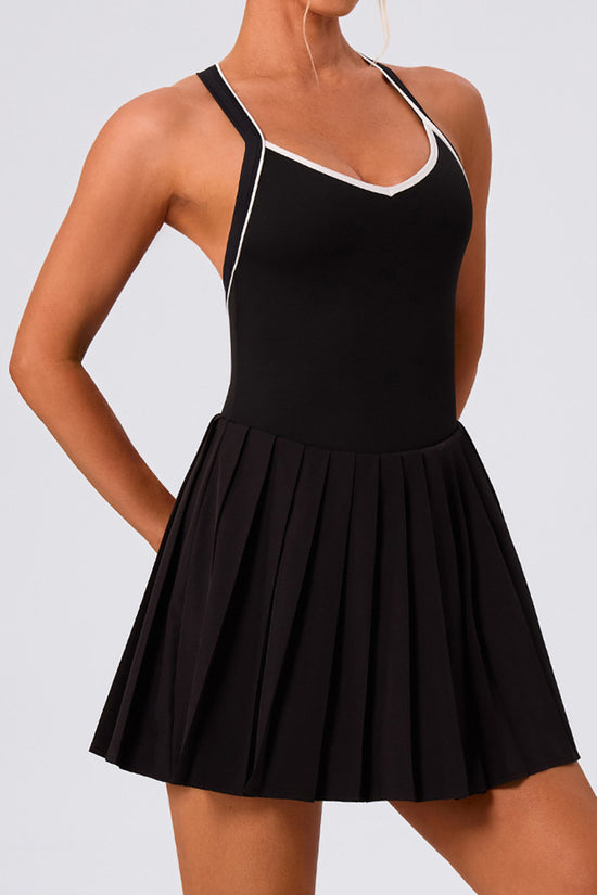 Strappy V-Neck Pleated A-Line Dress