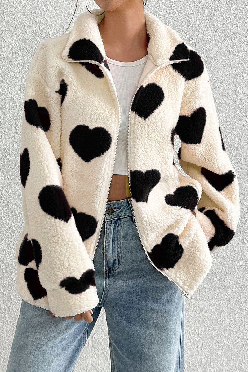 Heart Pattern Zip-Up Fleece Jacket
