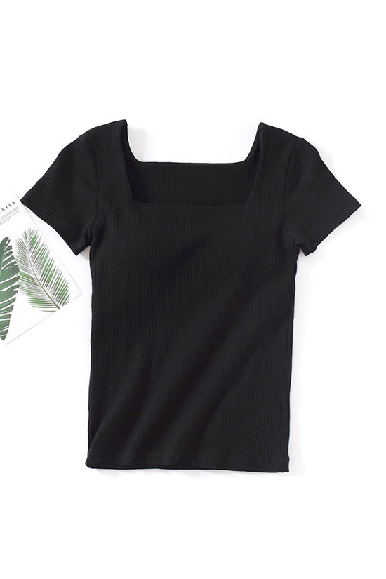 Square Neck Ribbed Short Sleeve Top