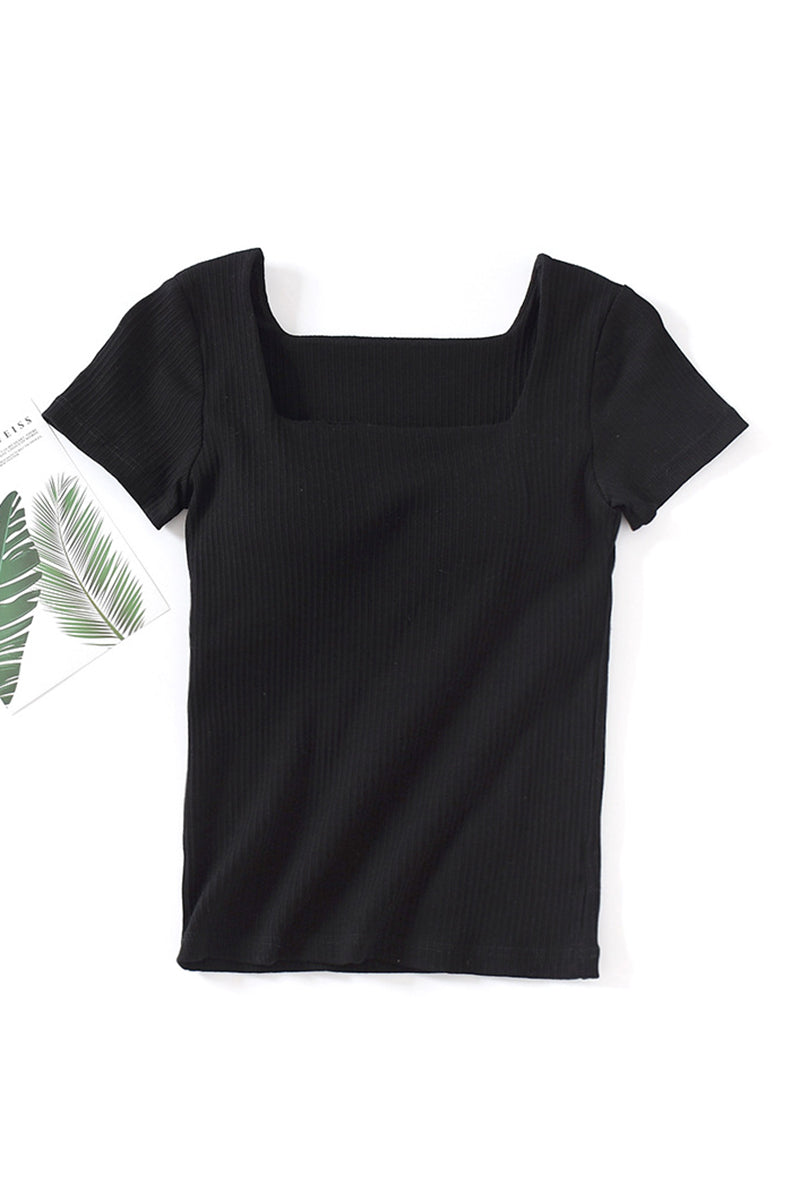 Square Neck Ribbed Short Sleeve Top