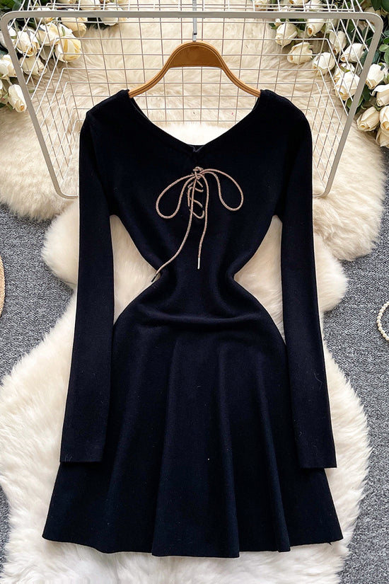 Lace-Up Long Sleeve Casual Dress