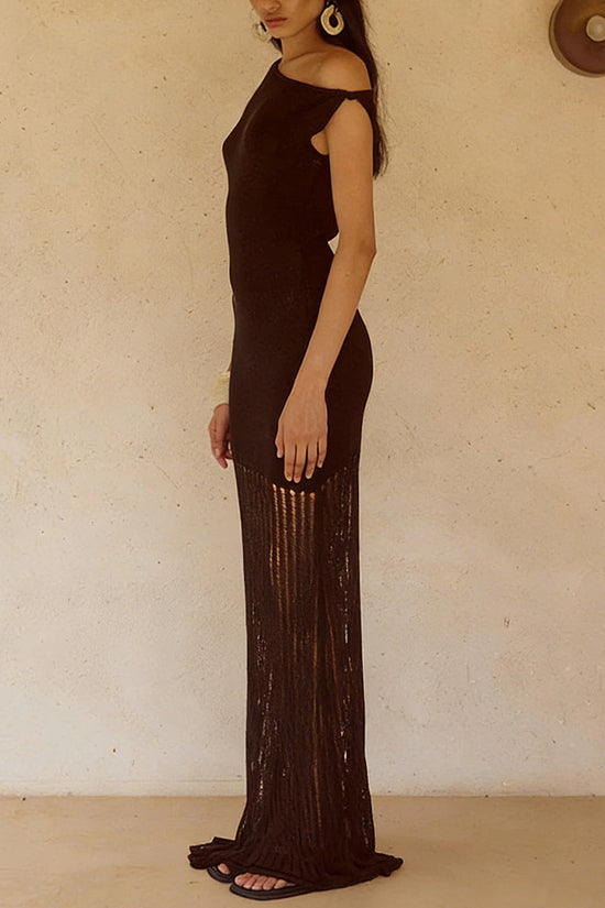 Off-Shoulder Maxi Dress with Distressed Hem