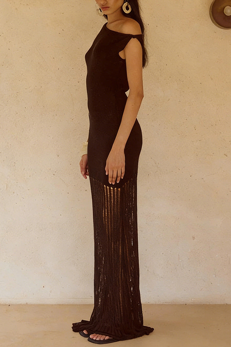Off-Shoulder Maxi Dress with Distressed Hem