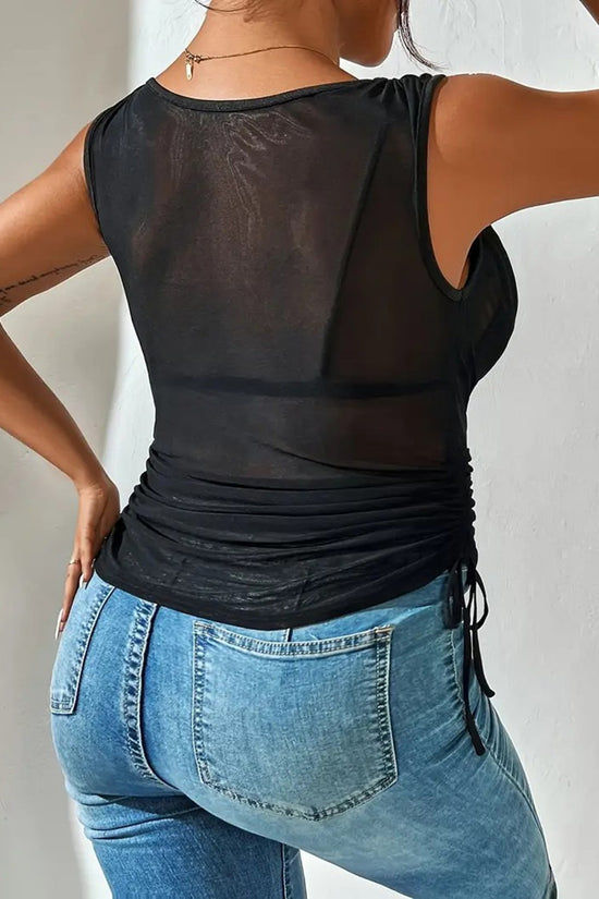 Draped V-Neck Mesh Ruched Tank Top