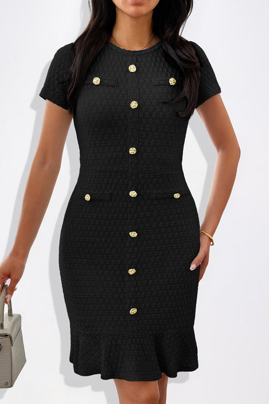 Button-Embellished Short Sleeve Bodycon Dress