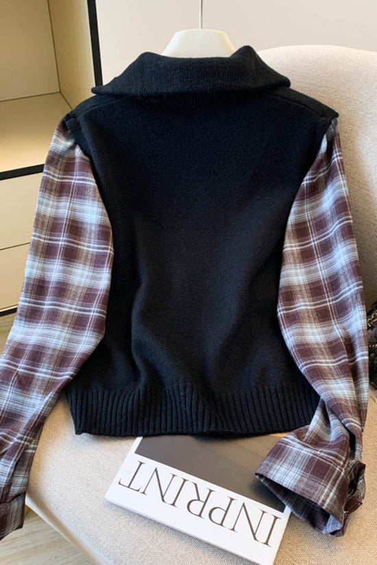 Zip-Up Plaid Patchwork Sweatshirt