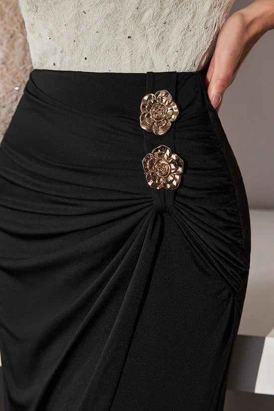 Elegant Ruched Midi Skirt with Floral Detail