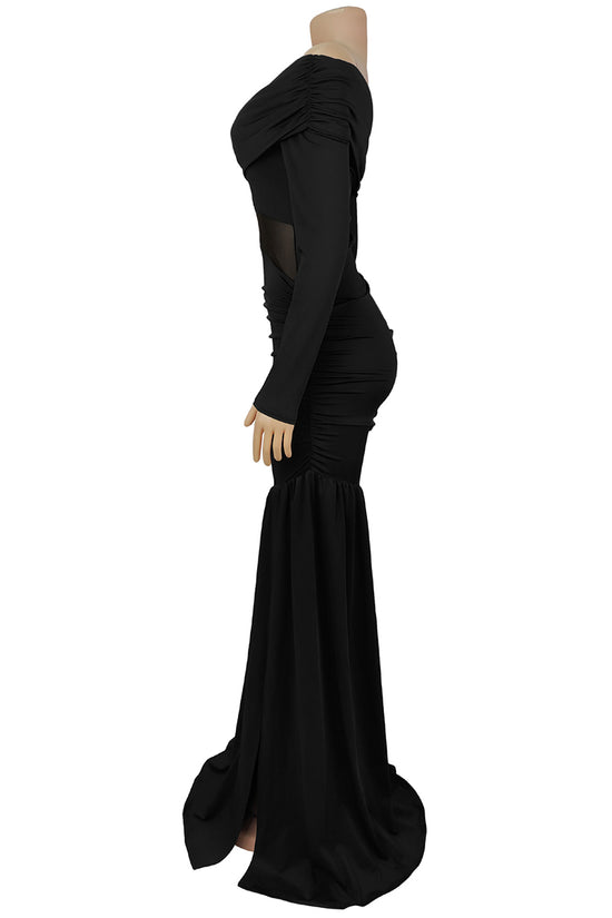 Off-Shoulder Mesh Cutout Maxi Dress