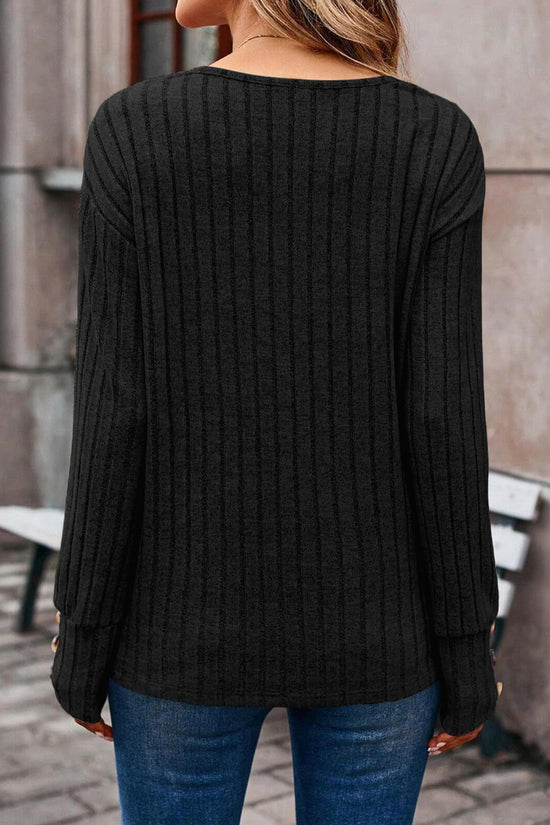 V-Neck Button Sleeve Ribbed Knit Top