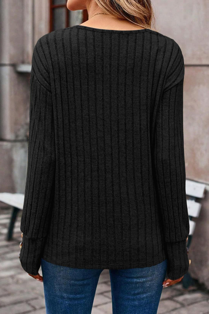V-Neck Button Sleeve Ribbed Knit Top