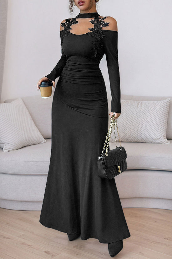 Floral Applique Long Sleeve Maxi Dress