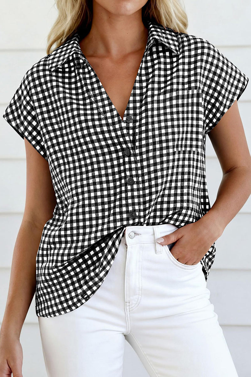 Checkered Tie-Front Short Sleeve Blouse