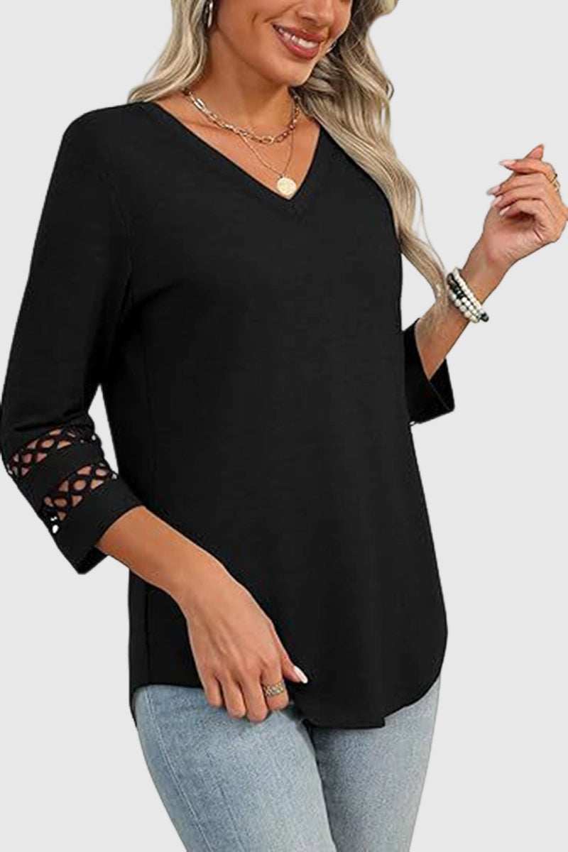 V-Neck Lace Sleeve Casual Top