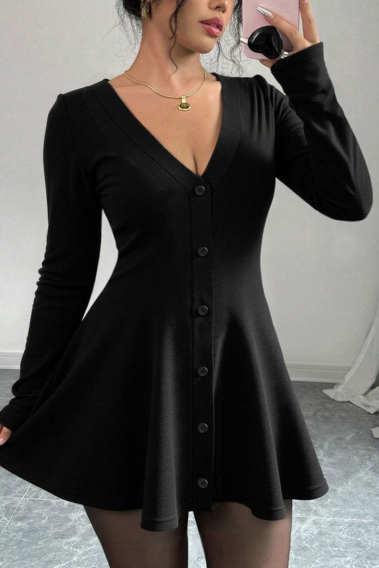Buttoned V-Neck Flare Casual Dress