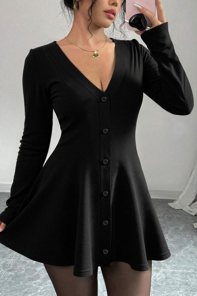Buttoned V-Neck Flare Casual Dress