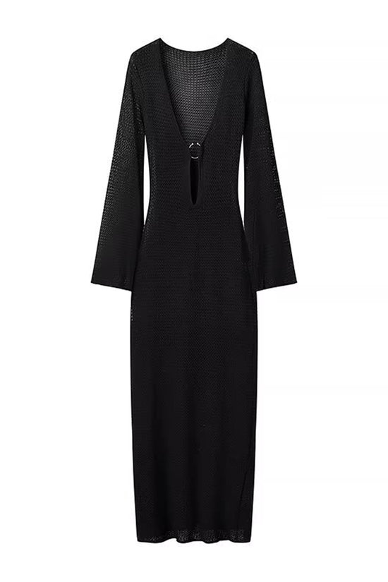 Deep V-Neck Long Sleeve Bodycon Dress