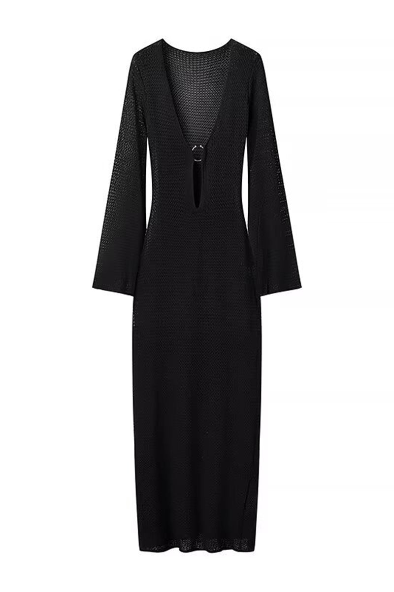 Deep V-Neck Long Sleeve Bodycon Dress