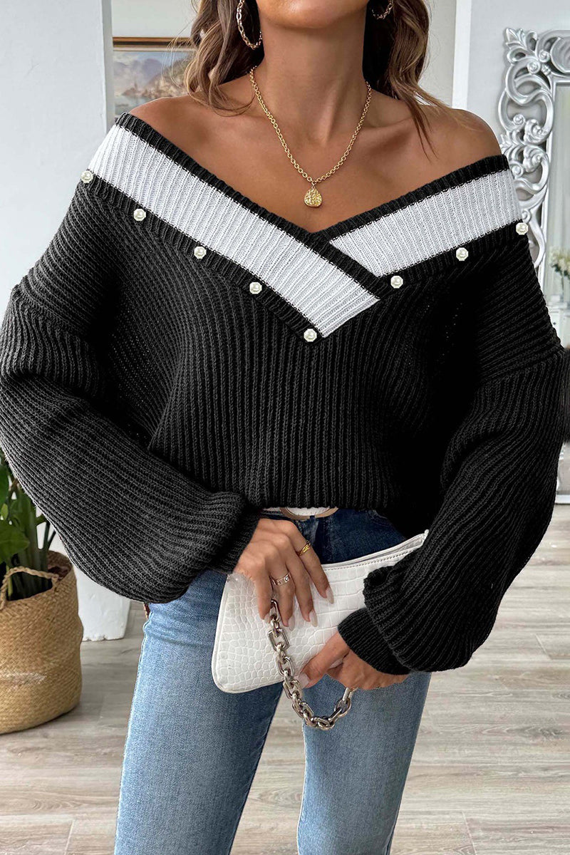 V-Neck Pearl Accent Sweater
