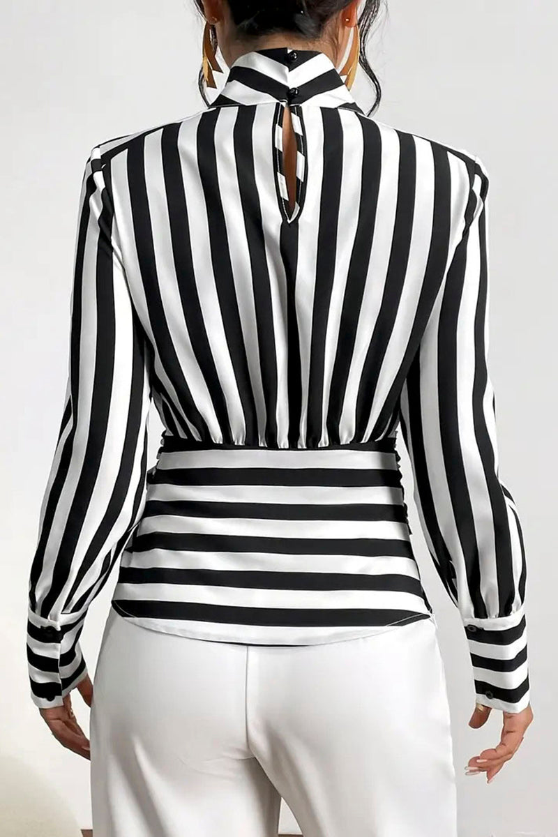 Striped Wrap Long Sleeve Blouse