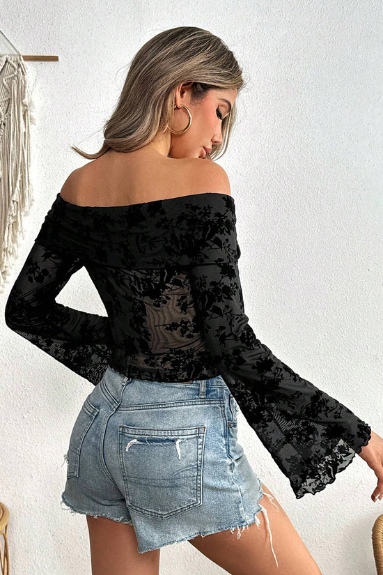 Off-Shoulder Floral Mesh Top