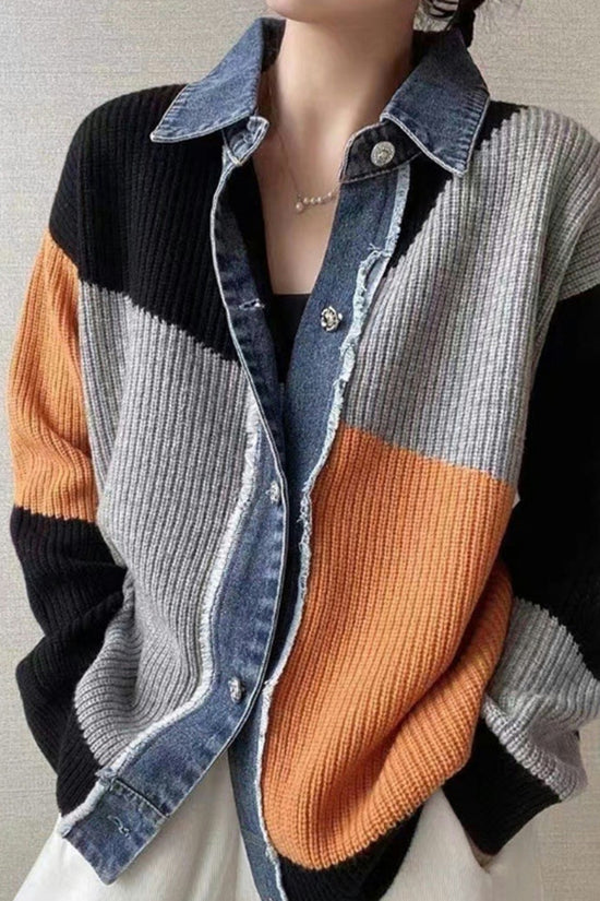 Color Block Denim Trim Cardigan